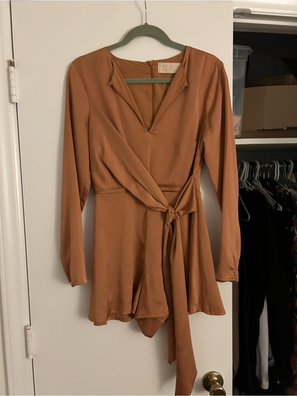 KEEPSAKE the Label Long-Sleeve Tie-Waist Romper in Rust